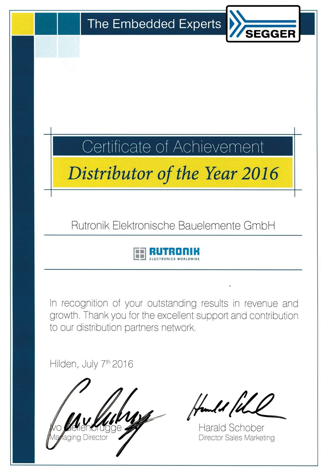 Segger Nominates Rutronik As Distributor Of The Year 2016 Rutronik