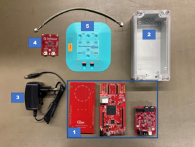 The A2B evaluation kit from Infineon and its components: (1) ECU master unit with microcontroller from the Aurix series, (2) package, (3) 12 V plug-in power supply, (4) one of up to four slave modules, (5) magnetic package for a slave module.