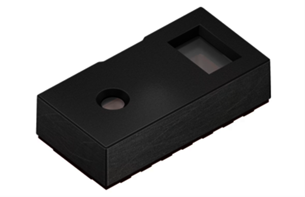 Bild eines TMF8829 von ams Osram. Es ist ein hochauflösender Direct-Time-of-Flight-Sensor (dToF) in einem optischen OLGA-Modulgehäuse mit besonders kleiner Grundfläche und integrierter VCSEL-Lichtquelle.