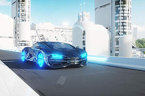 Driving by futuristic car with high voltage power technology 