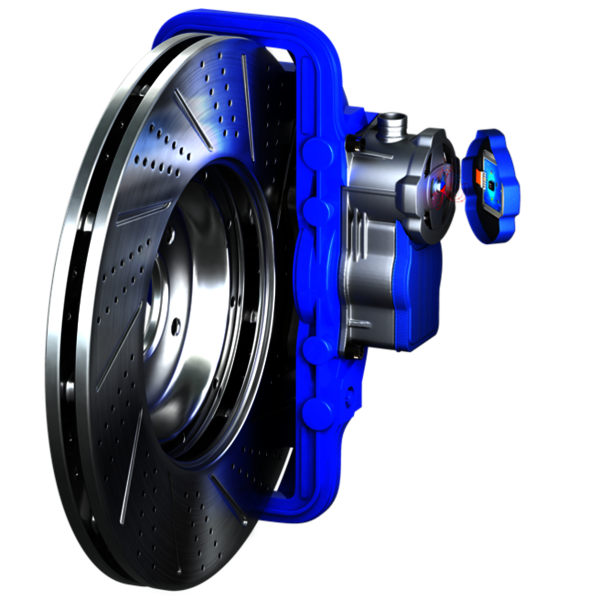 Figure 2: Brake disk with brake caliper and electric motor. The electromechanical brake mechanism (EMB) uses the rotational movement of the motor to move the brake caliper and apply force to the brake disk. The Micronas HAL 3021 precisely detects the absolute position of the actuator in an end-of-shaft configuration. (Source: TDK Micronas)