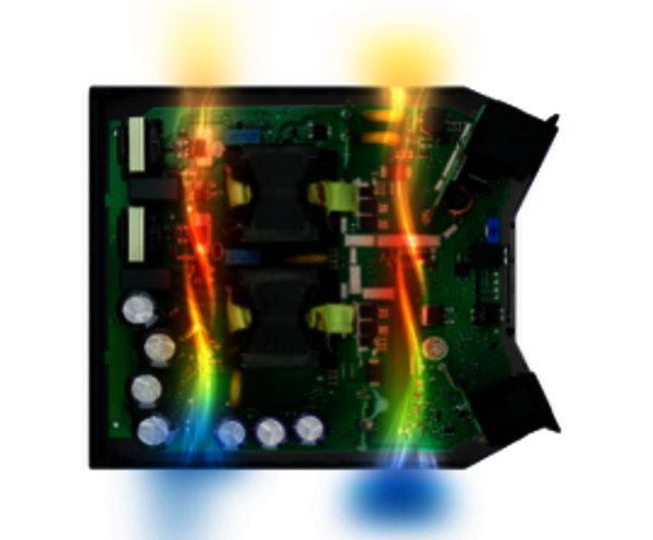 Figure 2: The Racpro1 DIN rail power supplies fully leverage the chimney effect: The internal components are positioned to form two vertical chimneys. As the heat rises, air is drawn through these channels and cools the components. (Source: Recom)