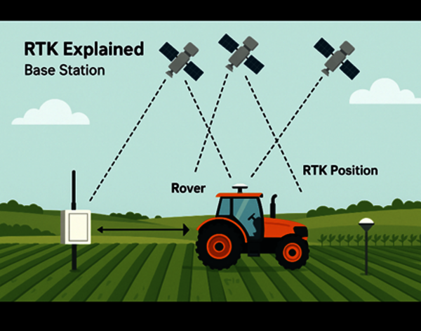 Figure 5: An RTK system consists of a stationary base station and a mobile rover unit. The base station receives GNSS signals (e.g., GPS, Galileo, GLONASS) and compares them with its known position and calculates correction data. This data is transmitted to the rover in real time, allowing it to adapt its own position at centimeter-level accuracy.