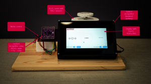 demonstrator with display, radar module, microcontroller board, display and motor 