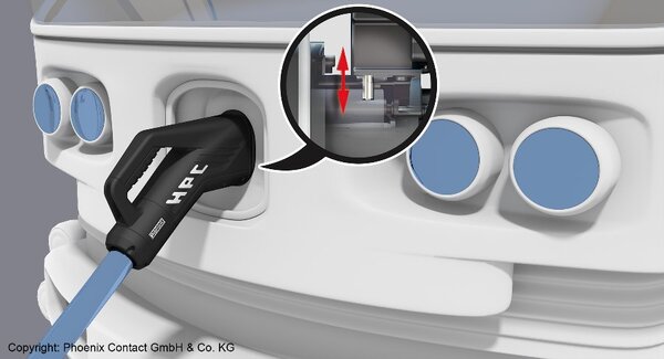 Die Verriegelung des Ladesteckers garantiert das sichere Laden und den Schutz der Elektronik. (Bild: Phoenix Contact)