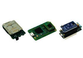 Development kits complement the radars: 24 GHz demo Distance2goL (left), demo BGT60TR13C MMIC (center), and 60 GHz connected sensor kit (right).