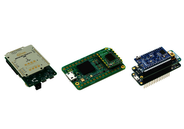 Entwicklungskits ergänzen die Radare: 24 GHz Demo Distance2goL (links), Demo BGT60TR13C MMIC (Mitte) und 60 GHz Connected Sensor Kit (rechts). (Bild: Infineon)