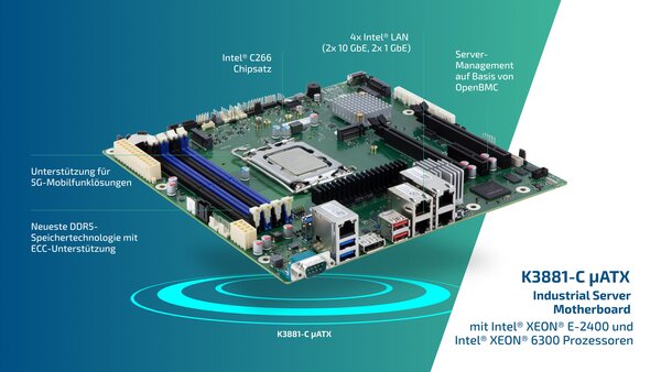 Abbildung 3: K3881-C µATX: Das Industrie-Server Motherboard eignet sich für Edge-Anwendungen mit hohen Anforderungen an Konnektivität und Fernwartung. (Quelle: Kontron)