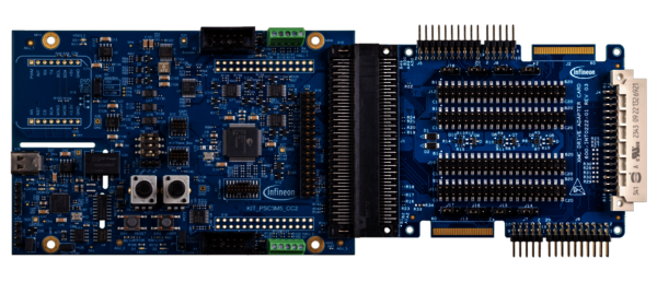Figure 3: Evaluation board KIT PSC3M5 CC2 with integrated debugger and MADK connection for rapid integration of various motors. (Source: Infineon)