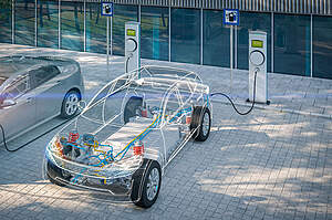 Representative cross section of an electric car that is charged at a base station