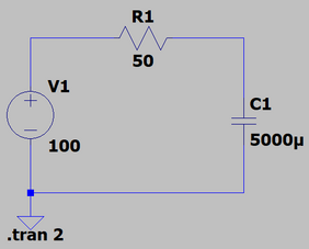 Charging a capacitor at 5,000 µF to a voltage of 100 V through a resistor of 50 Ω.