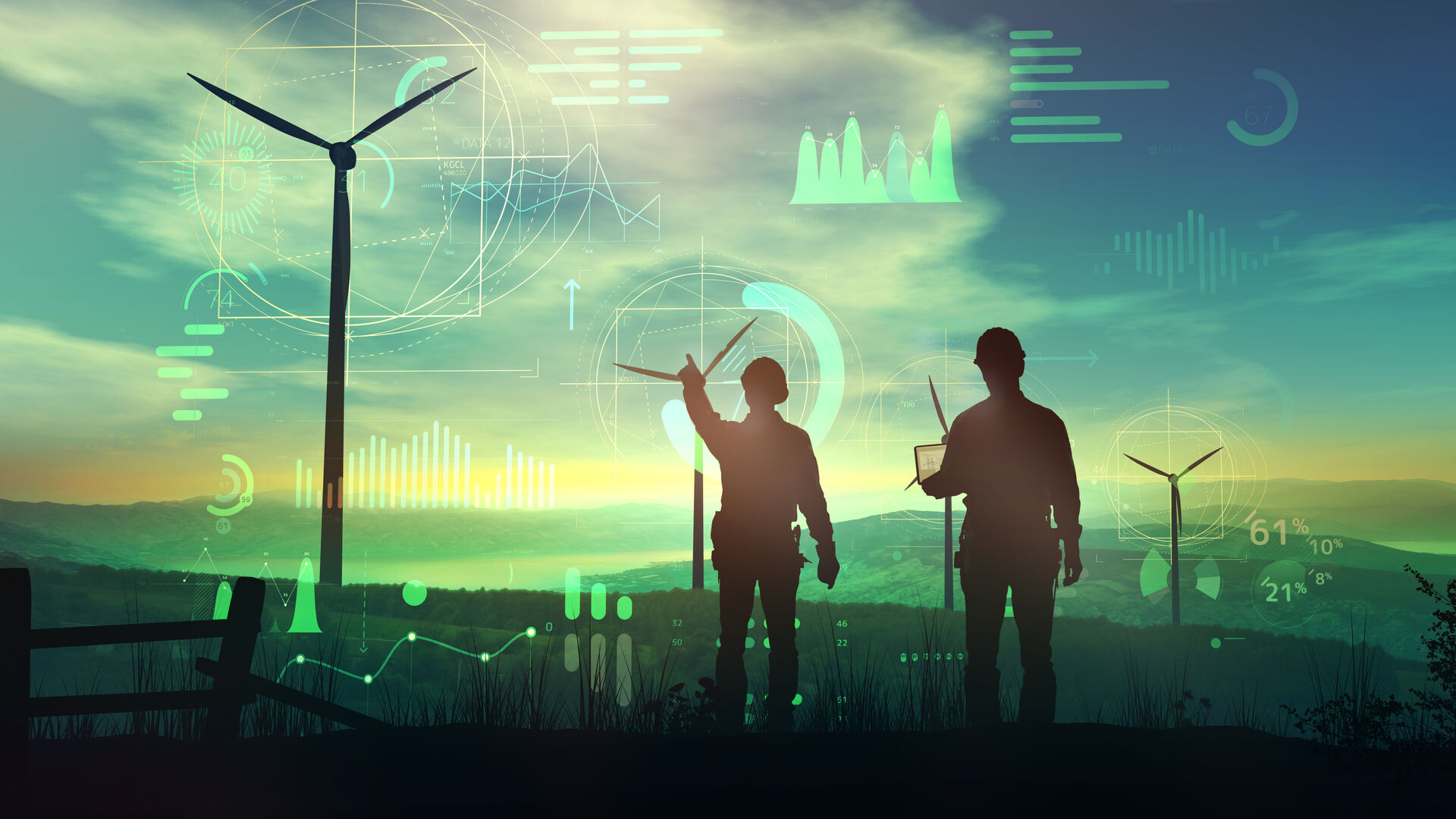 Engineers are watching over the work of wind turbines and virtual data 